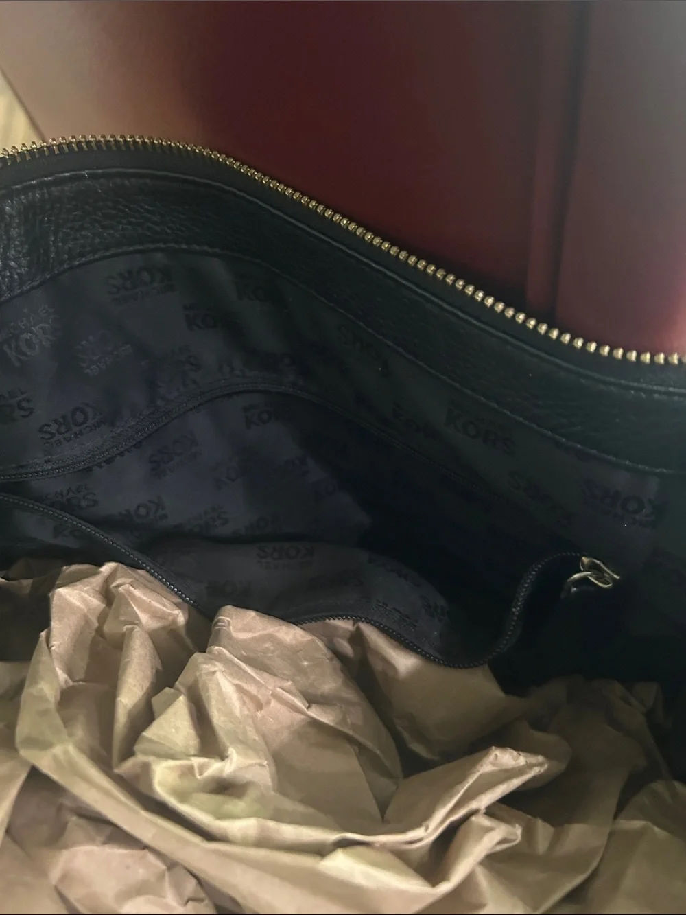 Michael Kors Black Leather Shoulder Bag with Gold Chain Accents